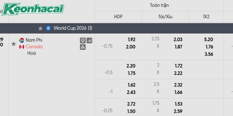Tỷ lệ kèo Nam Phi vs Canada Tỷ lệ kèo Nam Phi vs Canada
